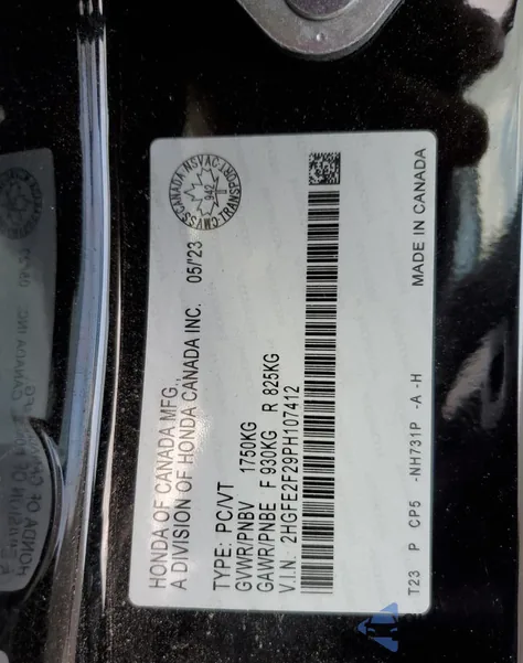 2023 Honda Civic Lx из США, поврежденный, VIN 2HGFE2F29PH107412